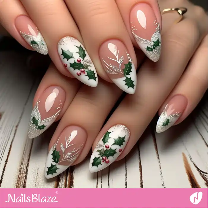 Embellished Holly Leaf French Nails | Nature-inspired Nails - NB1650